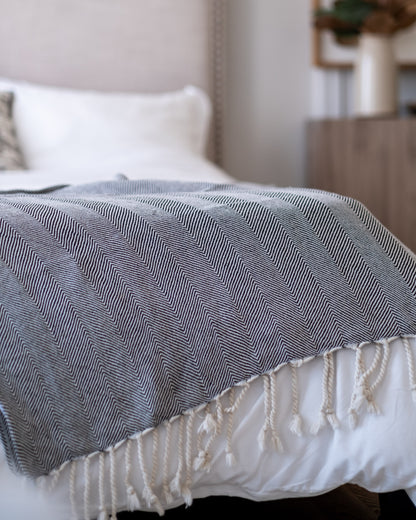 The Linen Herringbone Throw in Charcoal
